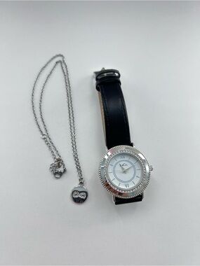 Silver Crystal Bezel Watch with Black Leather Strap